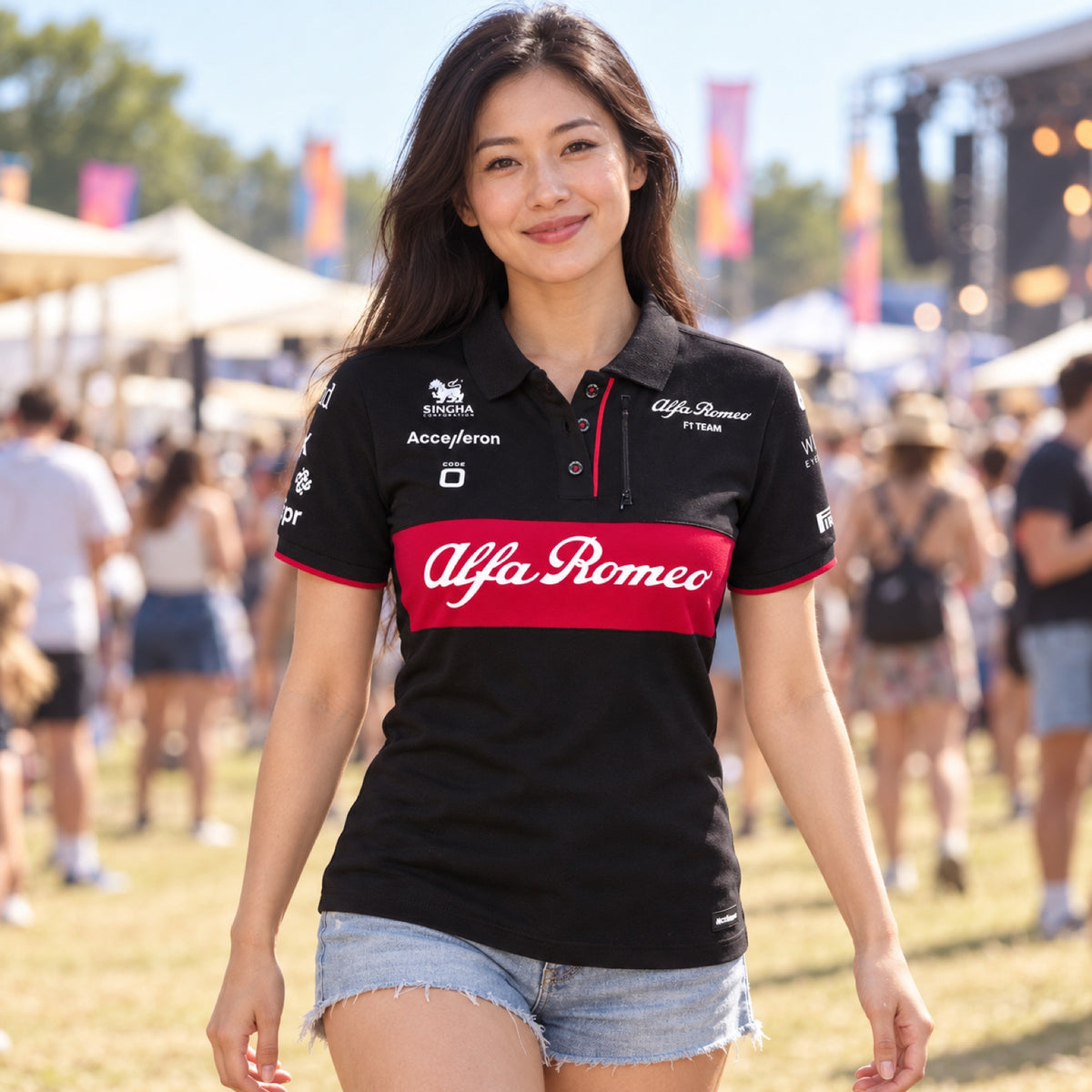Damska koszulka polo zespołowa Alfa Romeo F1 Team – czarna – zdjęcie poglądowe (AI)