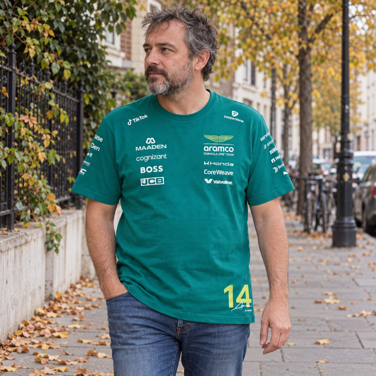 Aston Martin F1 Team Fernando Alonso #14 T-Shirt 2026 – Green – ilustrační foto (AI)