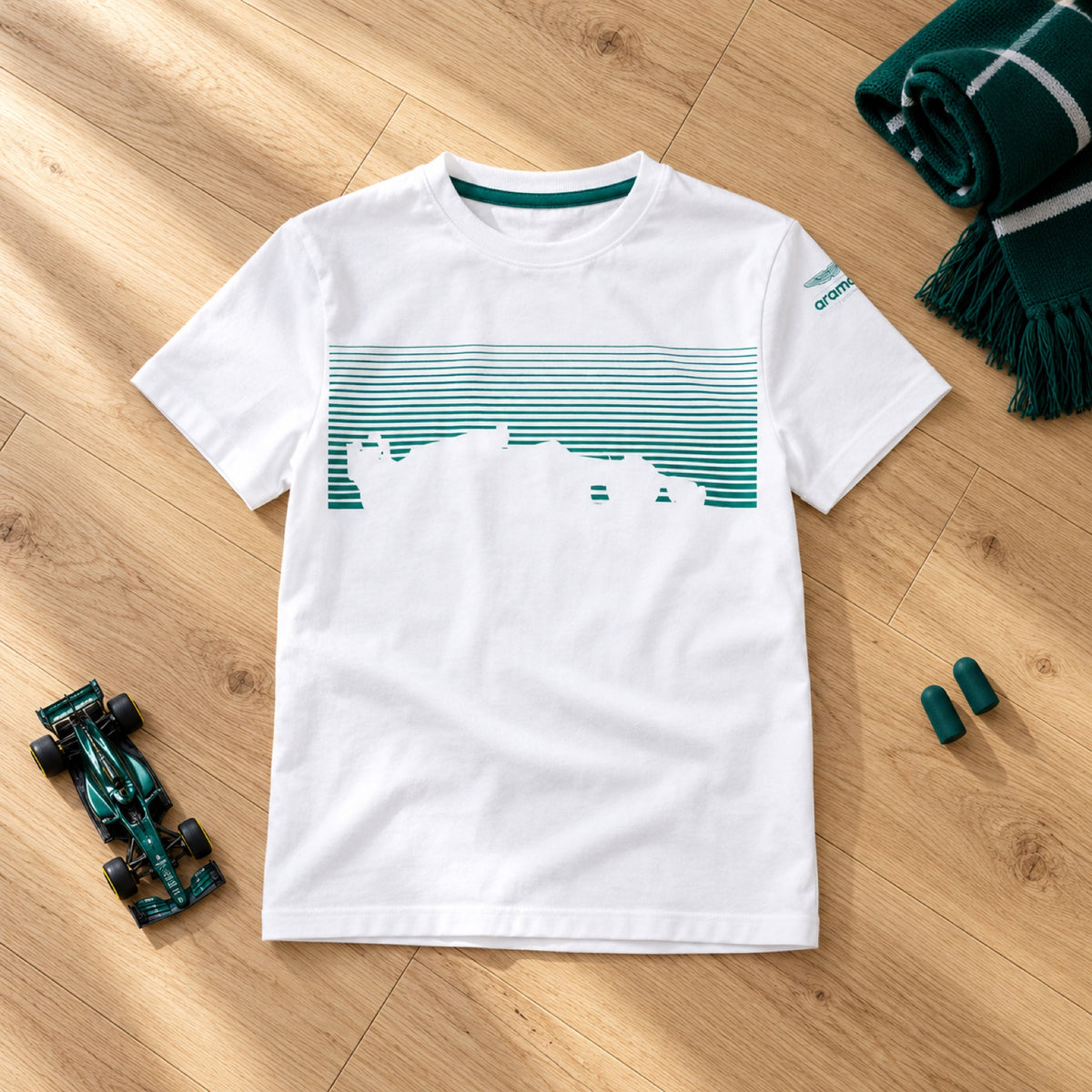 Dziecięca koszulka kibica Aston Martin F1 Team GRAPHIC – biała – 152 cm – zdjęcie poglądowe (AI)