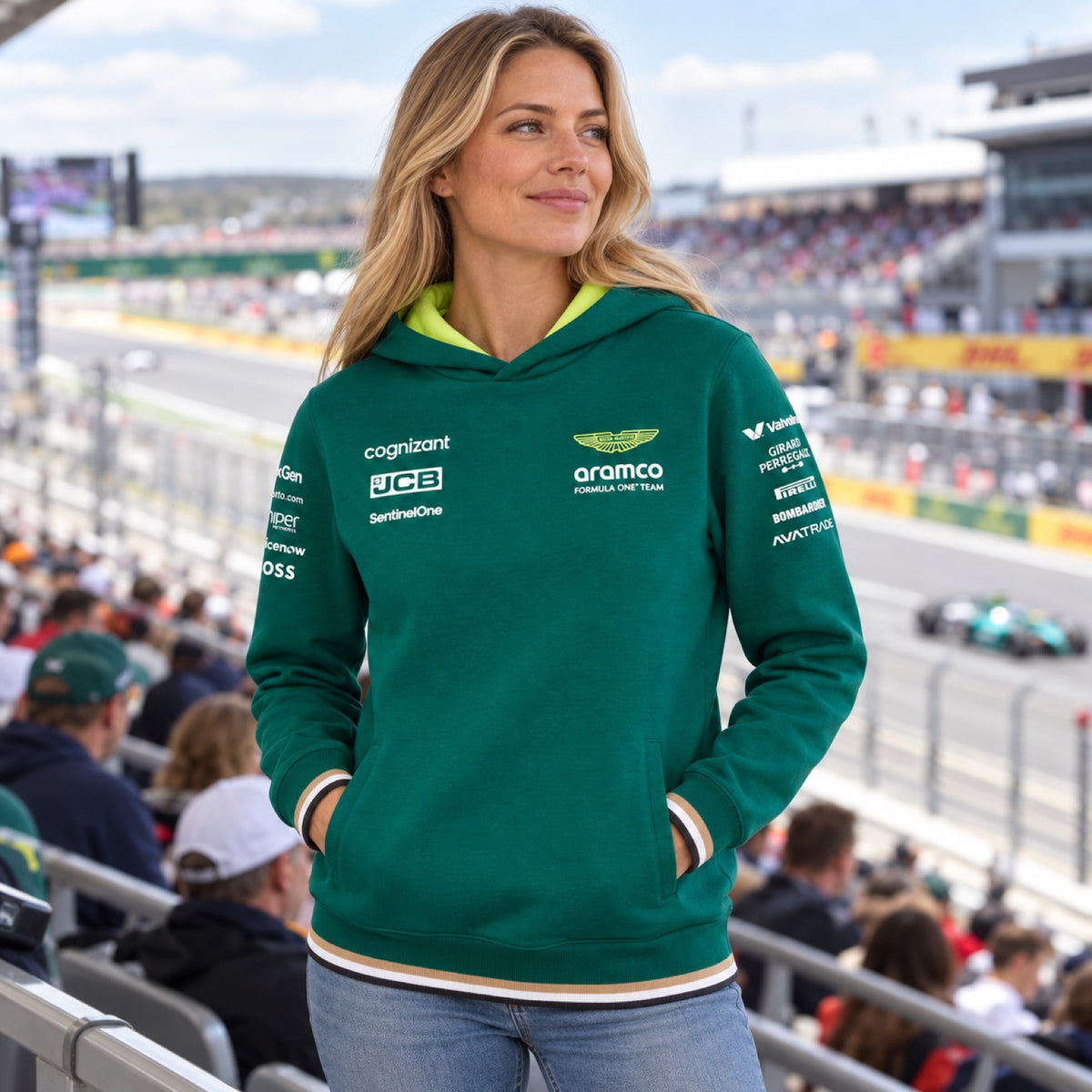Bluza zespołowa z kapturem Aston Martin F1 Team – zielona – zdjęcie poglądowe (AI)