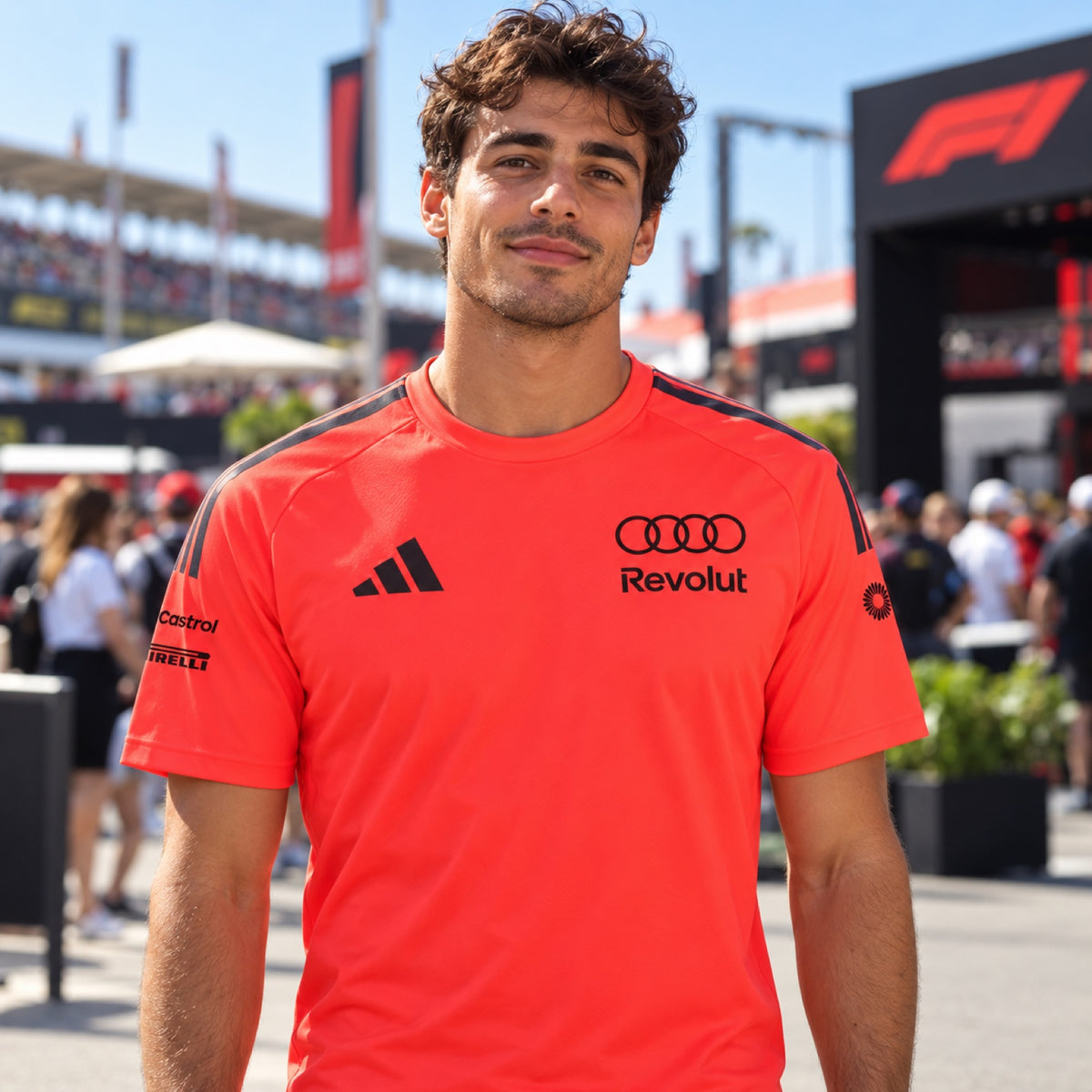 Audi Revolut F1 x Adidas Team T-Shirt with Sponsor Logos – Red – illustrative photo (AI)