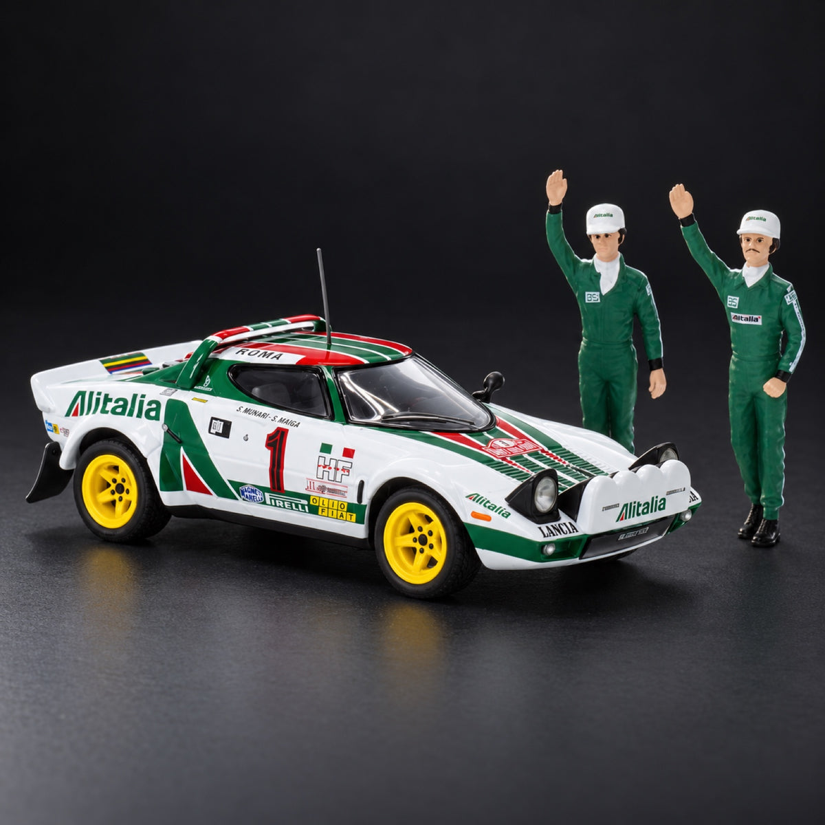 Lancia Stratos HF, No.1, Alitalia, WRC, Rallye Monte Carlo, Winner, with Figurines, S. Munari/S. Maiga, 1977 – illustrative photo (AI)