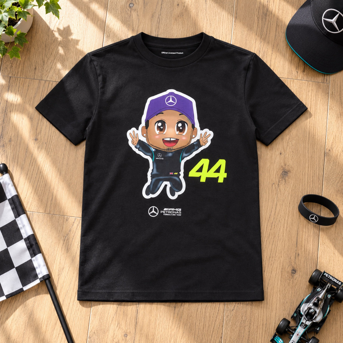 Koszulka dziecięca Lewis Hamilton Mercedes-AMG F1 – czarna – 152 cm – zdjęcie poglądowe (AI)