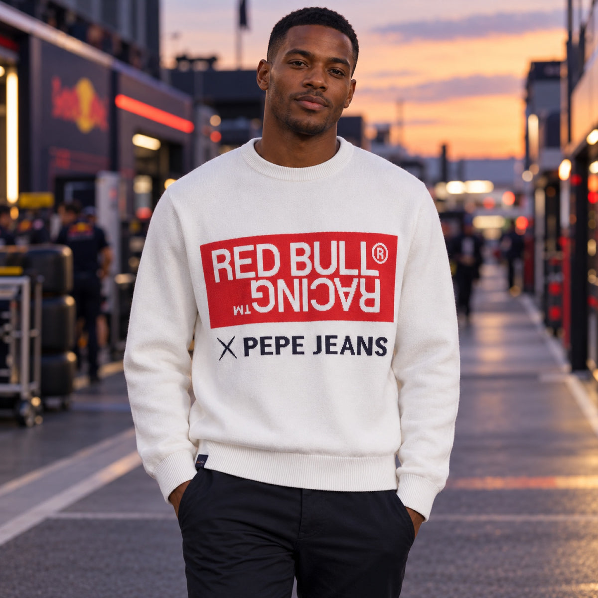 Sweter Pepe Jeans – Red Bull Racing z napisem – biały – zdjęcie poglądowe (AI)