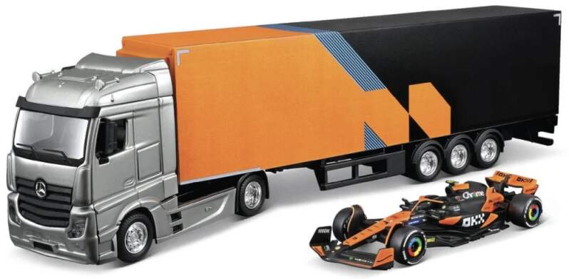 Model McLaren MCL38 Bburago #4 Lando Norris 2024 z ciężarówką Mercedes