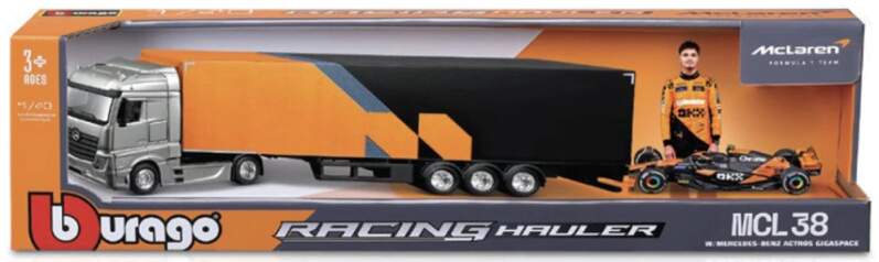 Model McLaren MCL38 Bburago #4 Lando Norris 2024 z ciężarówką Mercedes