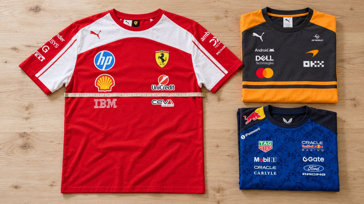 Tabele rozmiarów odzieży zespołowej F1 i MotoGP: Puma, Castore, Adidas i New Era – ilustracja wygenerowana przez AI