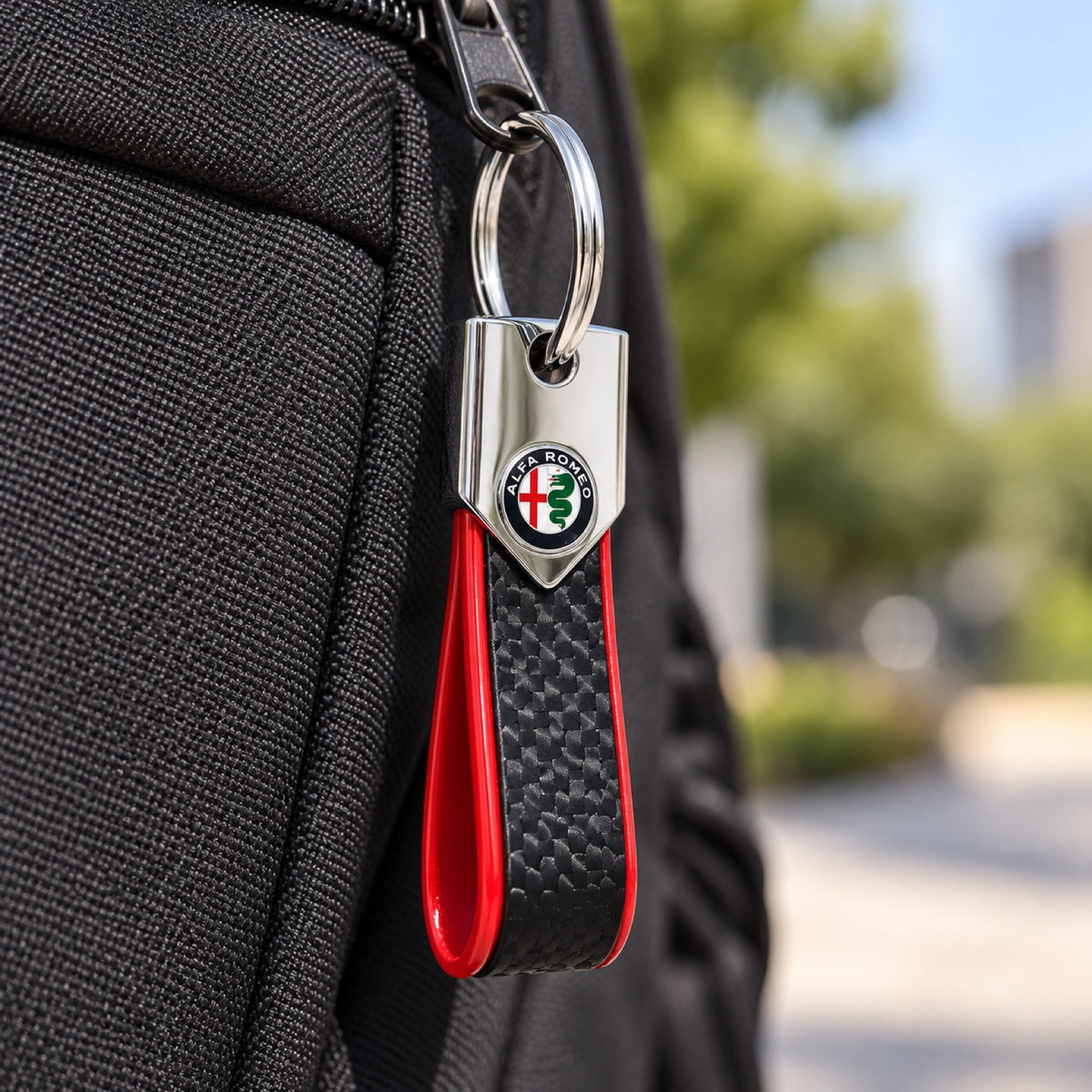 Alfa Romeo BAND Keyring – Carbon Red – illustrative photo (AI)