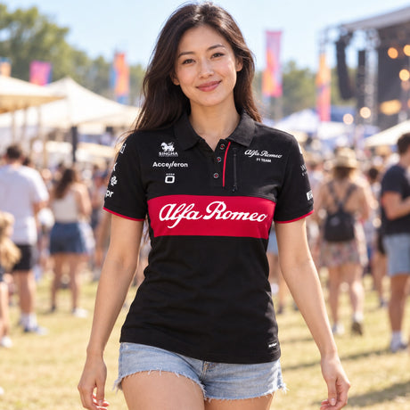 Damska koszulka polo zespołowa Alfa Romeo F1 Team – czarna – zdjęcie poglądowe (AI)