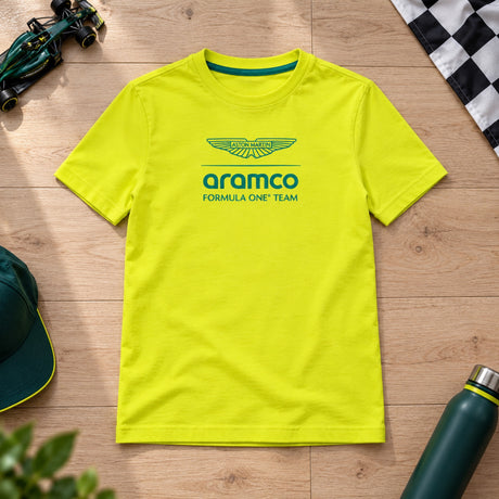 Dziecięca koszulka casual Aston Martin F1 Team LOGO – jasnożółta – 164 cm – zdjęcie poglądowe (AI)