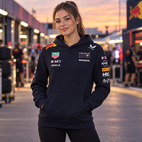 Bluza zespołowa z kapturem Oracle Red Bull Racing z logo sponsorów – zdjęcie poglądowe (AI)