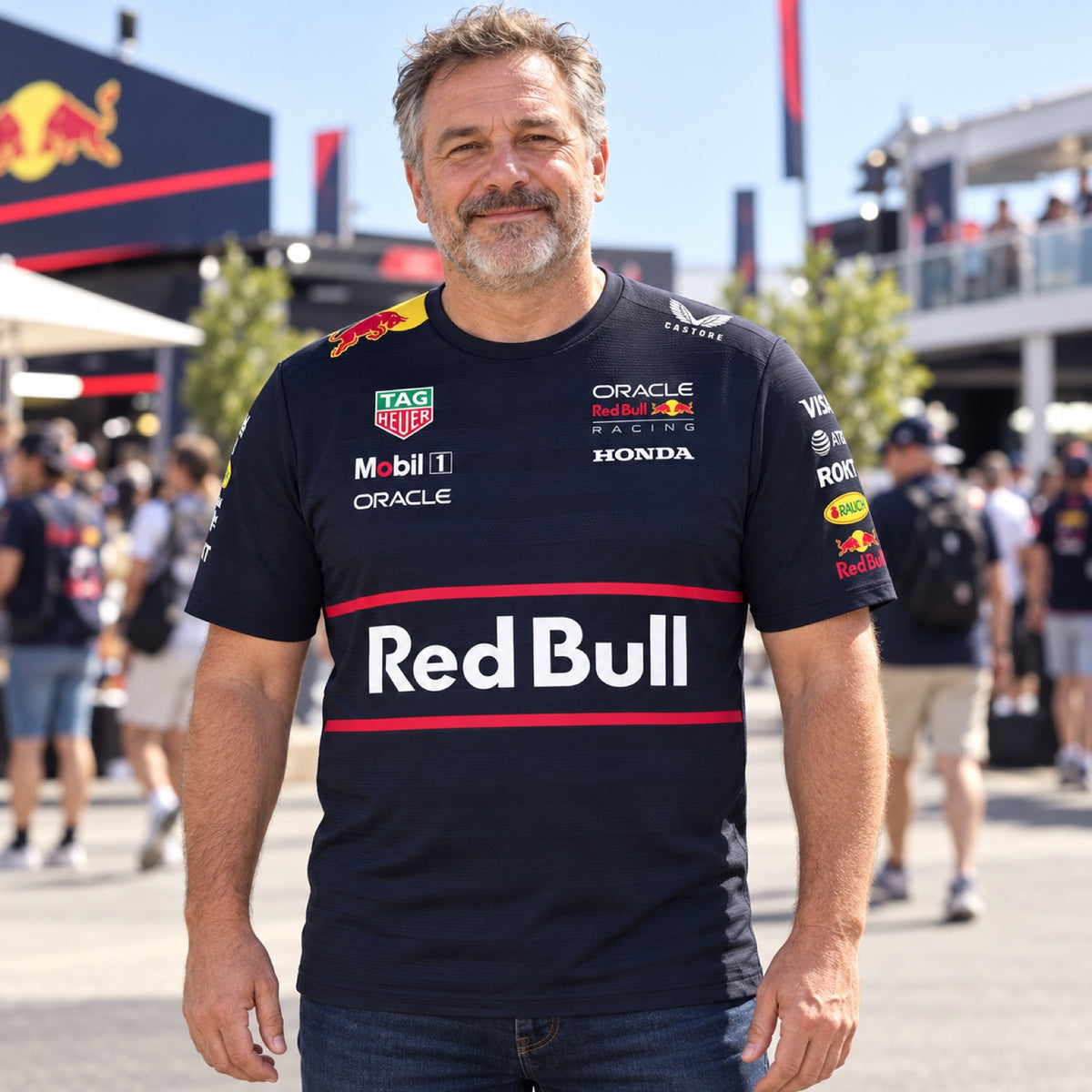Oracle Red Bull Racing Team T-Shirt with Sponsor Logos – illustrative photo (AI)