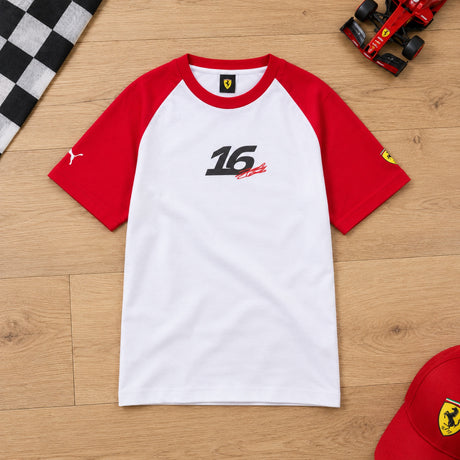 Koszulka dziecięca Charles Leclerc Scuderia Ferrari F1 x Puma – edycja kibica – 140 cm – zdjęcie poglądowe (AI)