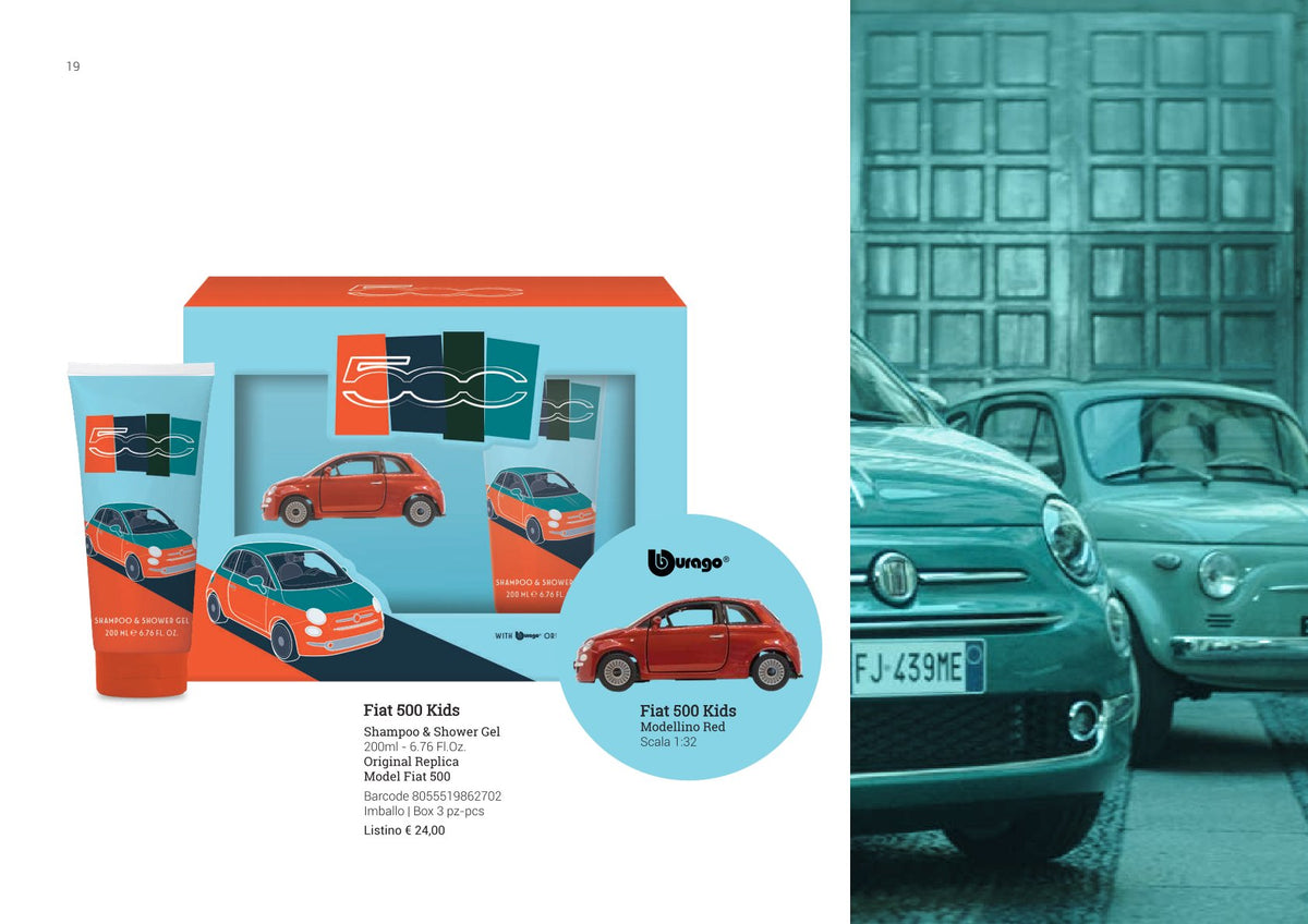 Żel pod prysznic dla dzieci w zestawie prezentowym z modelem FIAT 500