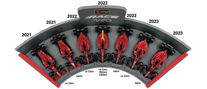 Set of 7 Scuderia Ferrari 1:43 Bburago models – Leclerc / Sainz