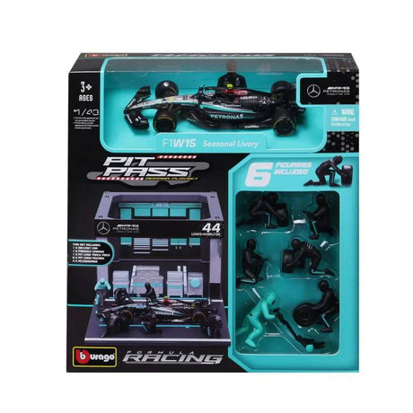 Model Bburago Mercedes F1 1:43 Lewis Hamilton z modelem boksu